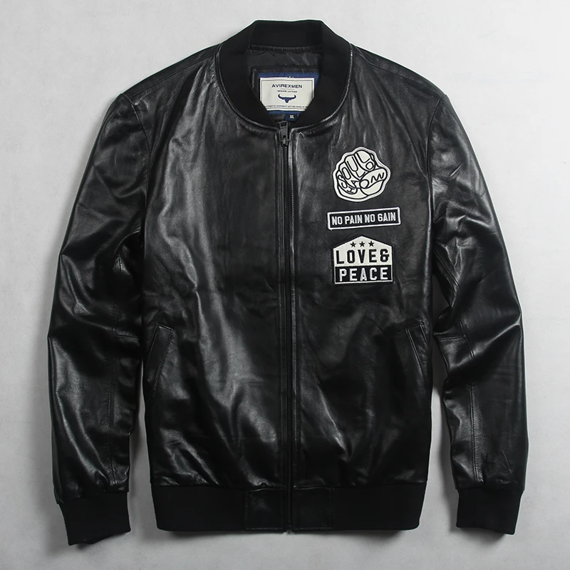 

Avirexmen 2017 men's fashion genuine leather jacket with pattern black leather bomber jacket men casual baseball jacket youth
