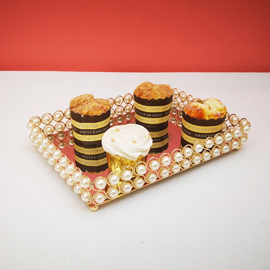 

gold Pearl Cake Stand Square Tray Mirror Cake Decoration