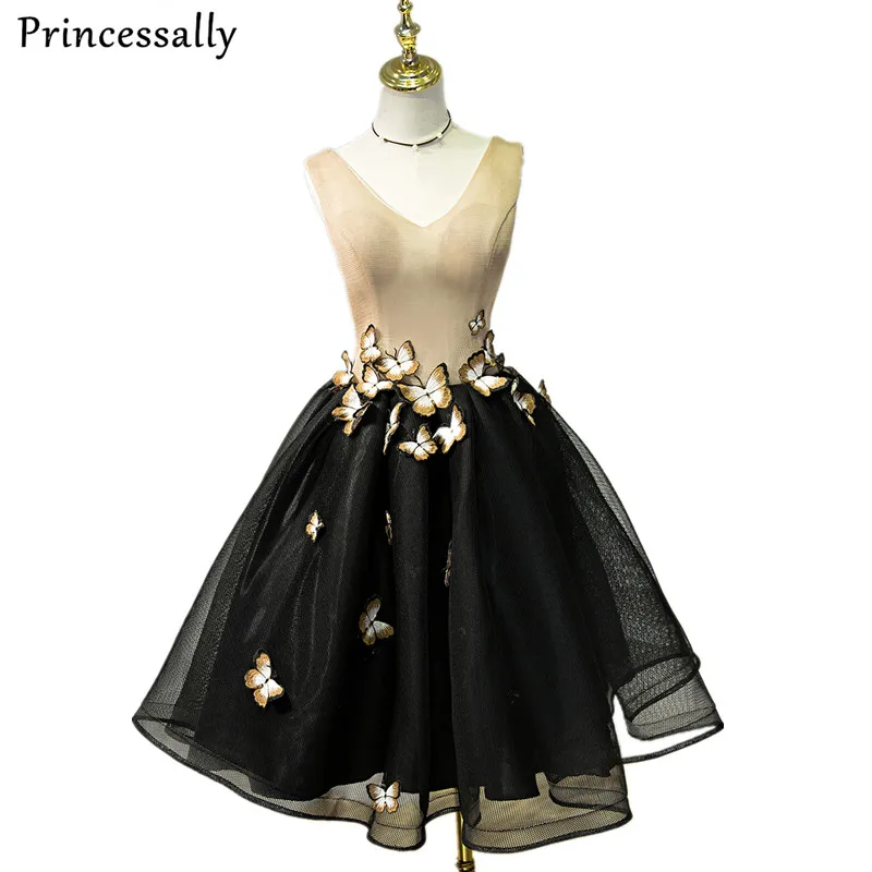 

Evening Dress Short V neck Sleeveless Butterfly Luxury Tulle Retro Short Formal Prom Dress Elegant Bride Banquet Robe De Soiree