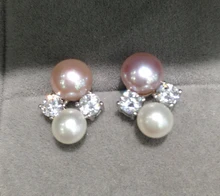 Perla natural de agua dulce pendiente del perno prisionero de perlas de doble pendiente de plata de ley 925 con circón cúbico joyería de las mujeres de moda