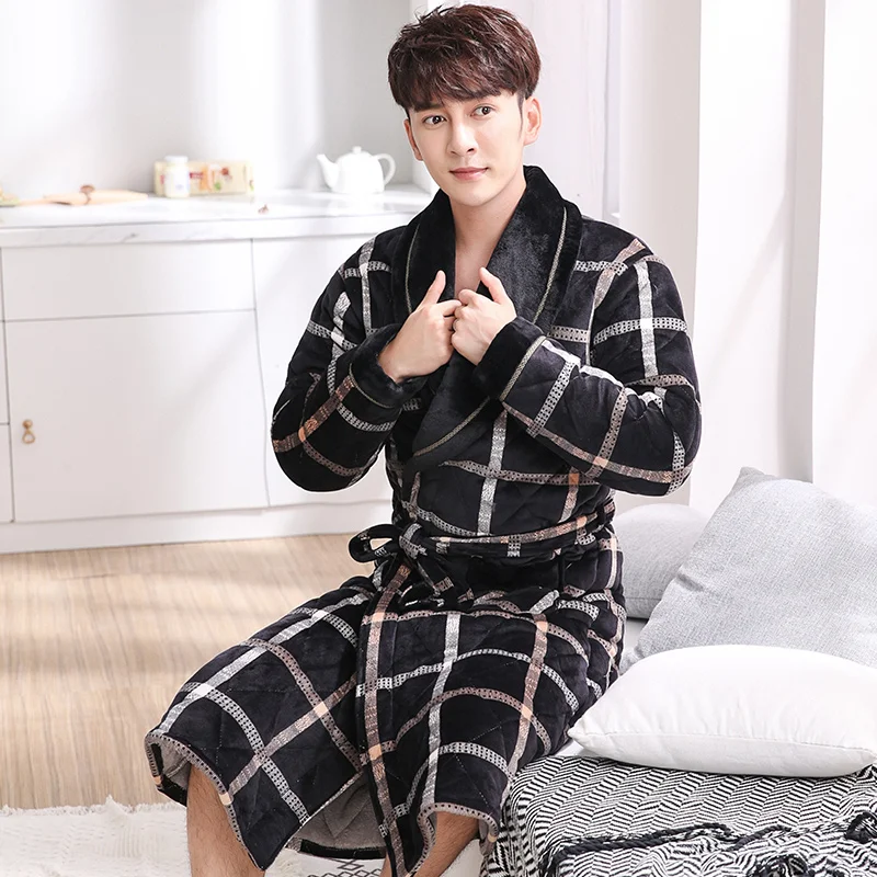 

New Men Winter 3 Layers Coral Feece Quilted Robe Plaid Long Sleeve Kimono Bathrobe Gown Casual Home Clothes Male SPA Sleep Wear