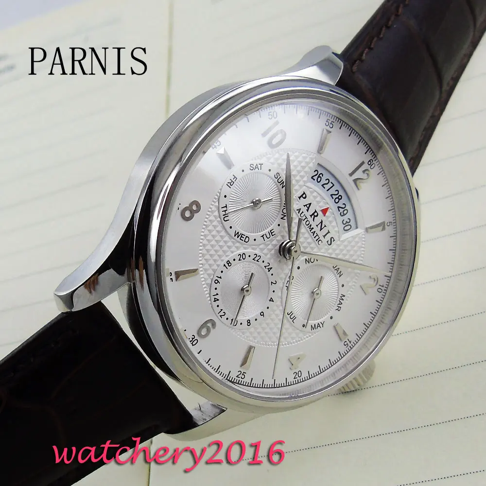 

42mm Parnis white dial Automatic day date man watches brand luxury miyota 9120 movement Mens Wrist Watch
