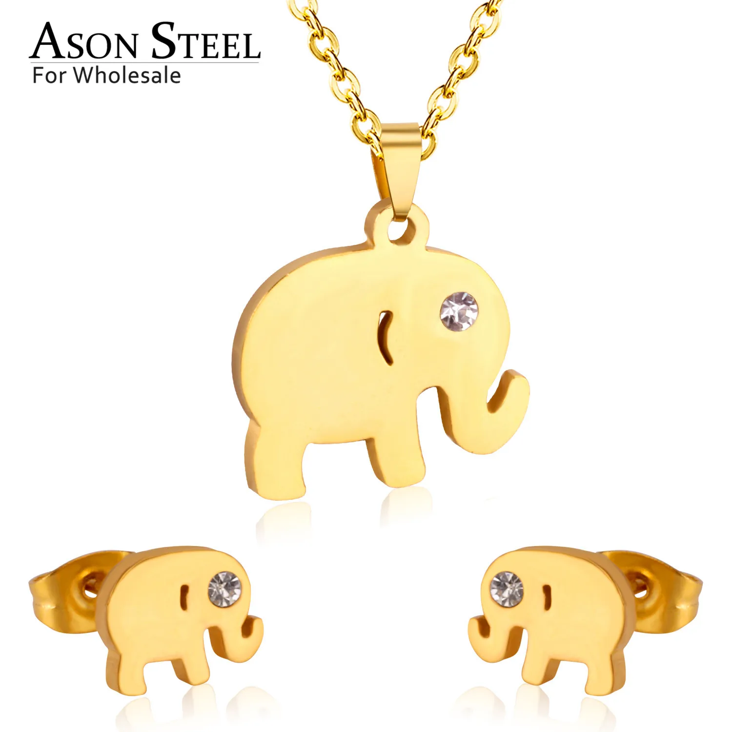 

ASONSTEEL Gold Color 316L Stainless Steel Jewelry Sets for Women 2019 Elephant Pendant Necklace Small Stud Earrings for Femme