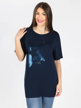 

COVERI MOVING woman summer navy blue o-neck T-shirts star sequin fashion long style short sleeve T-shirt