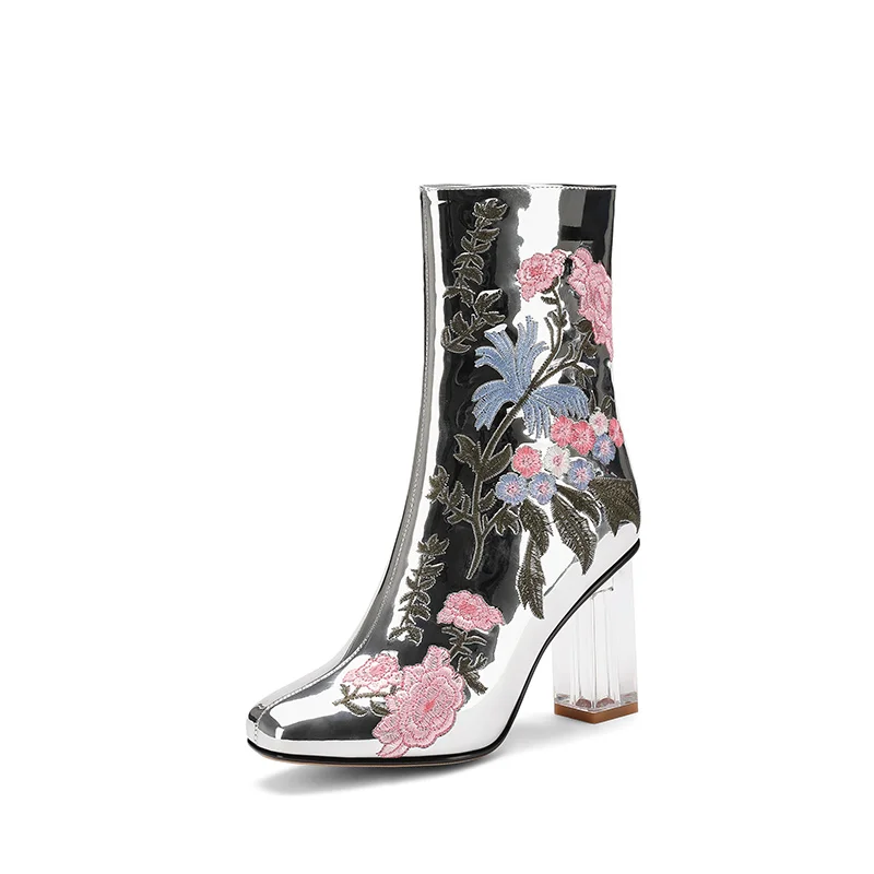 

Embroidery boots patent leather mirror high-heeled national wind Europe and America