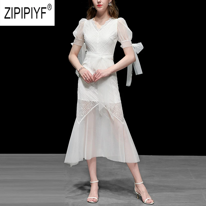 

Sexy Fashion Women Dresses V Neck Ruffles Gauze Patchwork See Through Long Dresses Party Casual White Maxi Summer Dresses Z1946