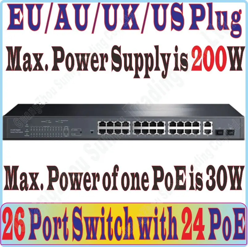 Макс. PoE 200 Вт, 26 портов POE коммутатор supplys питания для ip-камеры/WiFi AP, с 24 портами PoE и 2* RJ-45 гигабитный порт и 2* SFP порт