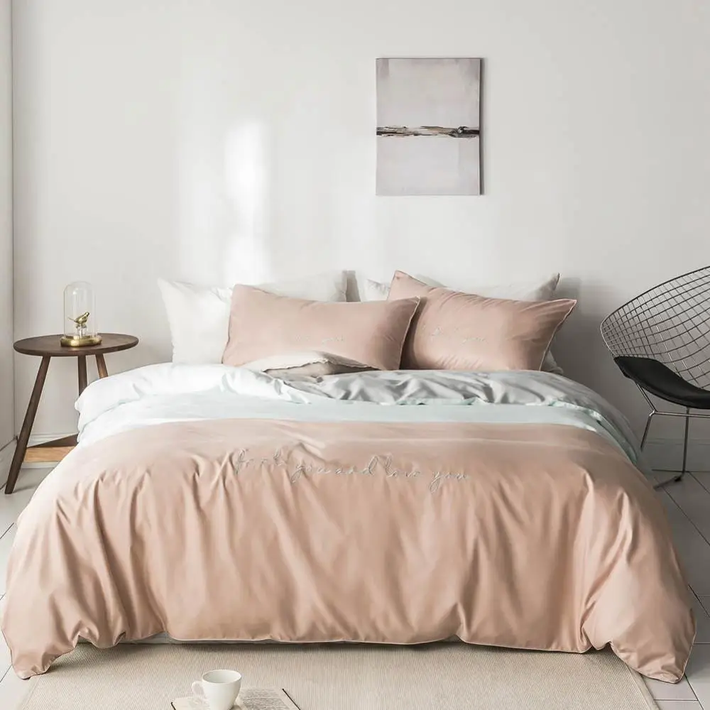 

2019 Beige Light Blue Grey Solid Embroidery Bedlinens Artificial Silk Satin Duvet Cover Set Queen King Bedsheet Bedding Set
