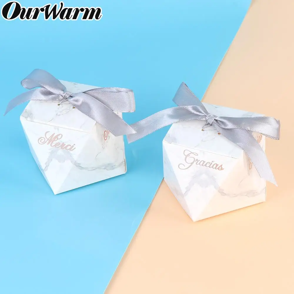 

OurWarm 10Pcs Marble Diamond Paper Gift Boxes Bronzing French/Spanish Thank You Wedding Favors Candy Box Birthday Party Supplies