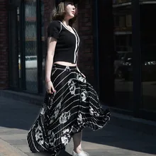 Весенние длинные плиссированные юбки в полоску с рисунком листьев и эластичной резинкой на талии для женщин консервативный стиль длиной до щиколотки Empire Saias