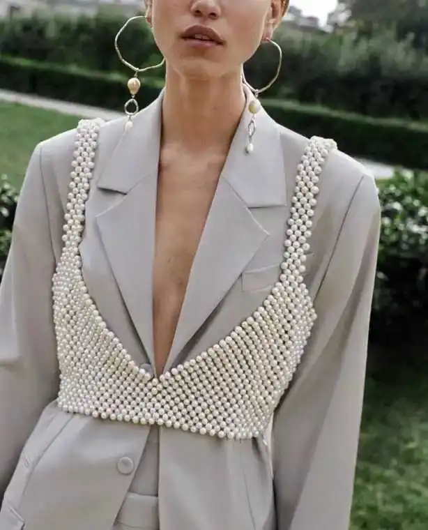 

2019 Spring Summer Fashion Streetwear Handmade Pearls Beading Vest Tank women Sexy Short crop tops Girls t shirt