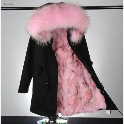 Зимняя куртка брендовый стиль черный большой енот меховой воротник пальто парки верхняя одежда длинный съемный лисий мех подкладка с капюшоном - Цвет: 2