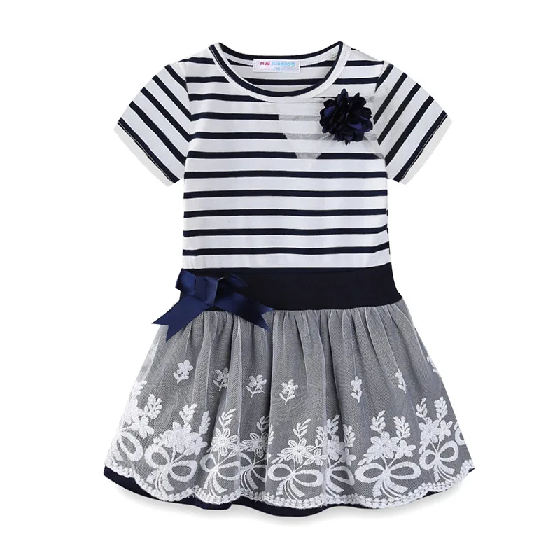 Mudkingdom/платья для девочек; детское кружевное платье принцессы в полоску с цветочным принтом; повседневное праздничное платье; одежда для детей - Цвет: Navy Blue-short
