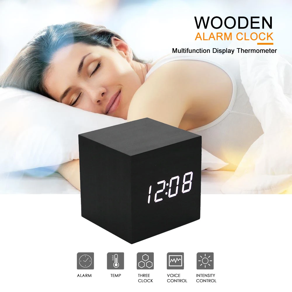 

Digital Thermometer Wooden Alarm Clock Alarm Date Desk Clock Table USB Charging Brief Voice-activated Electronic Home Decor