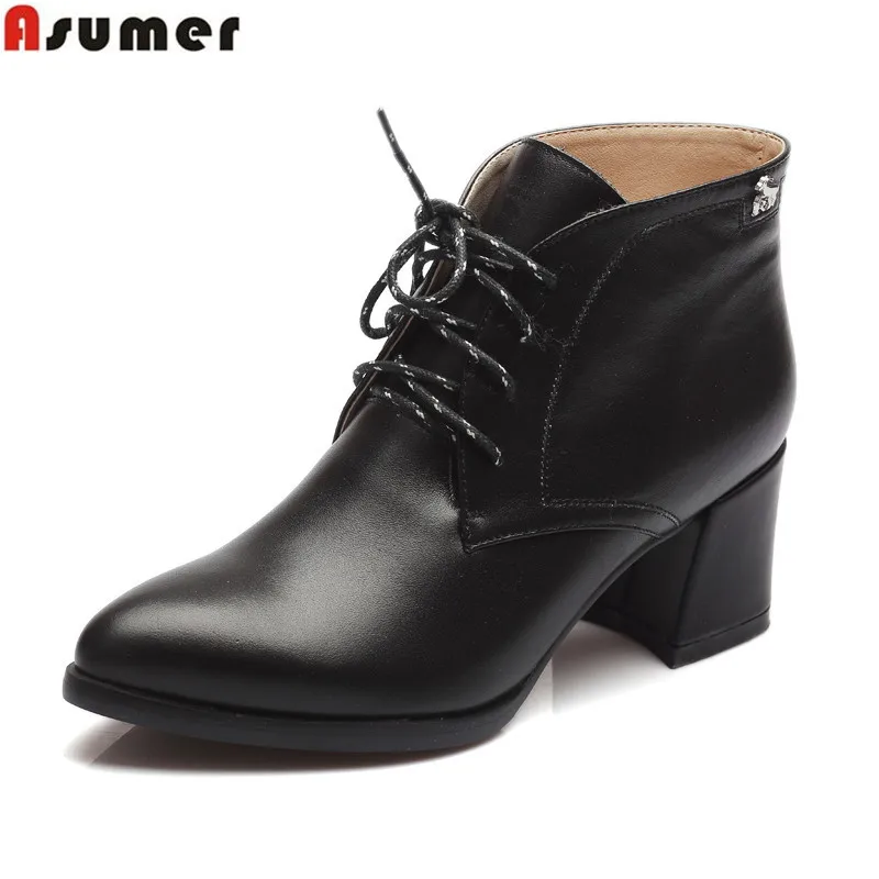 

large size 2016 fashion genuine leather women boots thick high heels pointed toe lace up shoes spring autumn ankle boots