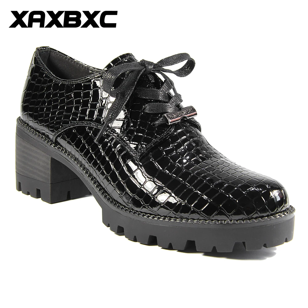 

XAXBXC 2018 New Spring Black Platform Lace-Up High Heels Oxfords Women Pumps Handmade Casual Ladies Shoes