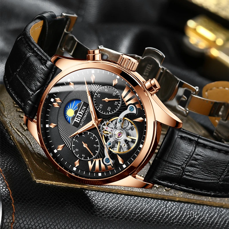 BIDEN الرجال الساعات أعلى الفاخرة العلامة التجارية رجل التلقائي توربيون الميكانيكية ووتش الأزياء الأعمال الهيكل العظمي للماء ساعة اليد