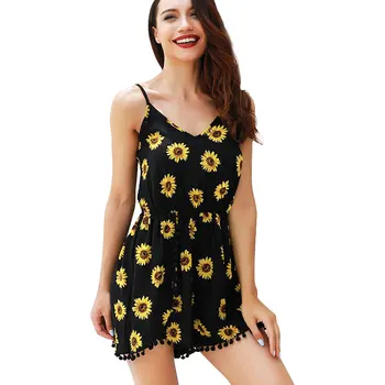 

Combinaison Romper Sexy Ladies Straps Sunflower Print Jumpsuit Tassel Playsuit Shorts 2019 Women Summer Vintage V Neck Straps