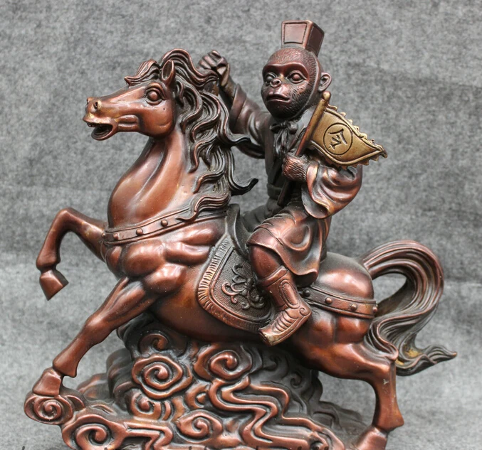 

shitou 001511 11" Folk Chinese Pure Bronze Animals Monkey Hold Flag Ride Running Horse Statue discount 30% (C0324)