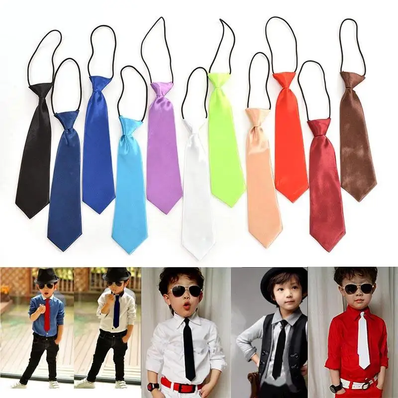 

2019 Fashion Polyester Solid color School Boys Kids Wedding Necktie Solid Color Satin Elastic Tie Children Necktie Wholesale
