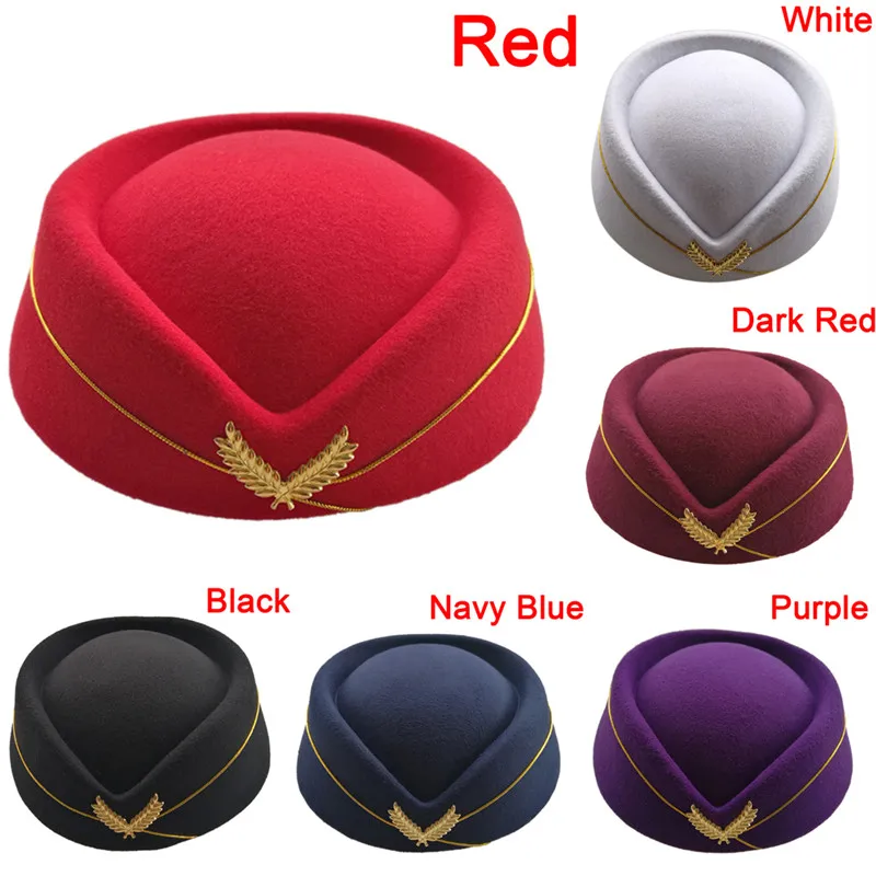 

6 Colors Women Ladies Stewardess Hat Wool Fedoras Hats Elegant Airline Costume Etiquette Cap For Women Professionals