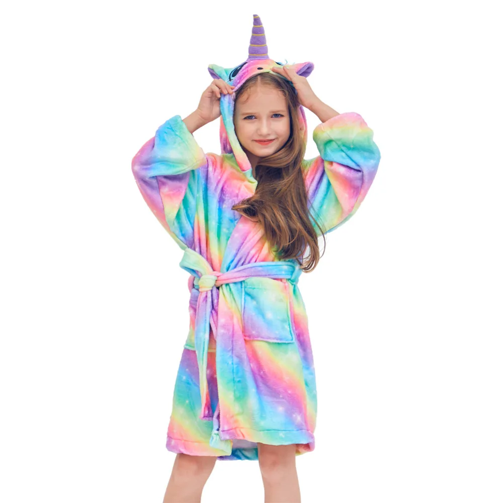 Детские фланелевые банные халаты с единорогом на осень и зиму, детские пижамы для девочек, ночная рубашка с единорогом, детская одежда для сна с капюшоном, ночная рубашка