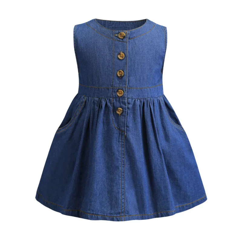 Girl's O neck Sleeveless Single Button Solid Color Jeans Dresses Little ...