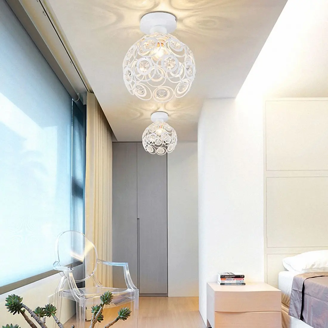 E27 креативный Хрустальный минималистичный потолочный светильник, простая потолочная лампа для спальни, простая Европейская белая железная лампа, хрустальная лампа