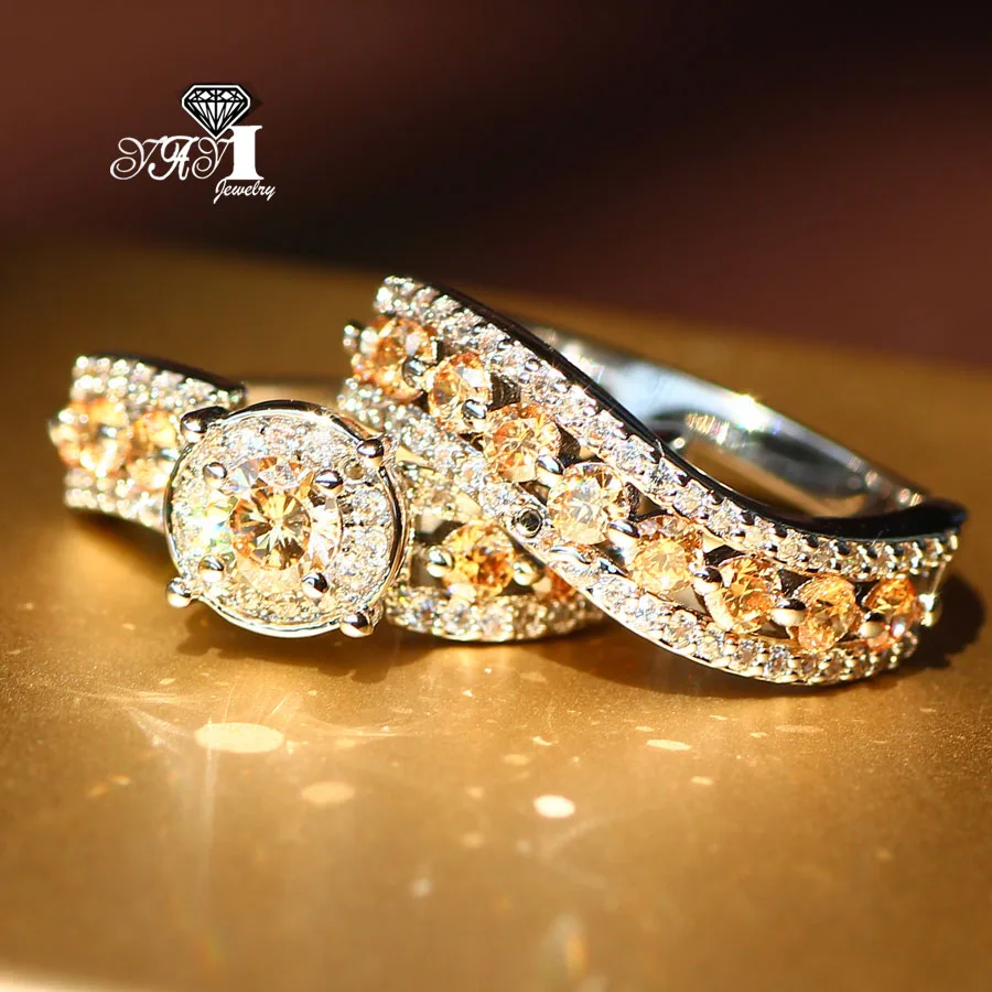 

2 pcs YaYI Jewelry Fashion Princess Cut 5.6 CT Orange Zircon Silver Color Engagement Set Rings wedding Rings Party Rings
