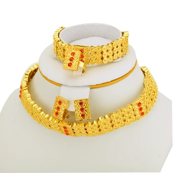 

JHplated Women Ethiopian Style Set Jewelry Chokers Necklace Bracelet Earrings Ring Sets Wedding Accessories