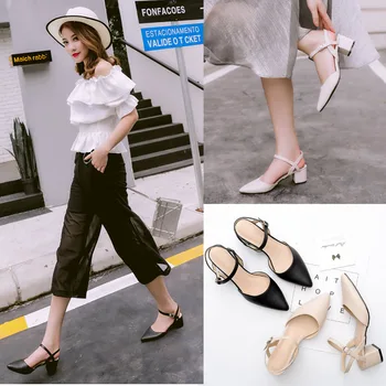 

2018 new style European and American style high pointed summer sandals The word is thick with the middle heel women's sandals