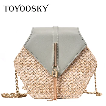 

TOYOOSKY Simple Hexagon Chains Weaving Straw Bags Women Shoulder Bags Tassel Messenger Bag 2019 Patchwork Handbags Female Chic