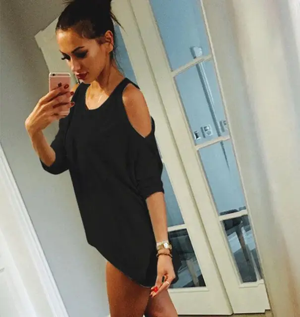 Summer Women T-Shirt O-Neck Solid Color Off Shoulder Sexy Long T Shirt Casual Loose Top Tees Plus Size 5XL black