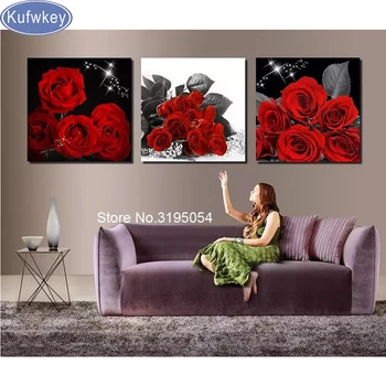 

3 pcs set,DIY 5D Diamond Embroidery red rose,flower painting of resin diamond,Needlework,Full Square Diamond Painting Home Decor