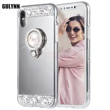 

GULYNN Luxury Mirror Case With Crystal Stand Ring Holder Phone Case Cover For iPhone X 10 Soft TPU Diamonds Phone Cases