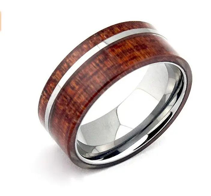 Free Shipping High Polished Men's Tungsten Bands Rings Hawaii Koa Wood Inlay 8mm Comfort Fit Unique Jewelry size 5#-15# | Украшения и