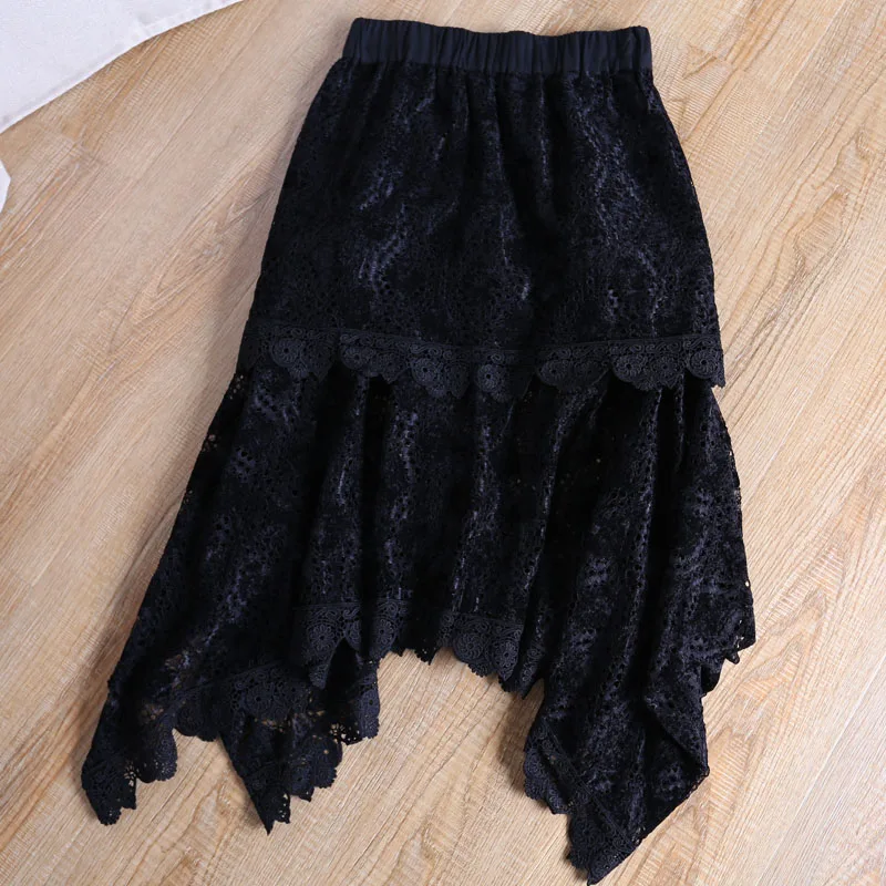 

Women Lace Summer Mesh Skirt Irregular Ladies Sexy Lace Dovetail Skirt Two Way Wear Skirts Black