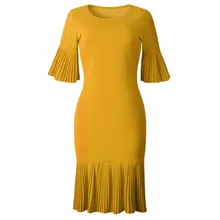 Летнее желтое красное плиссированное платье с расклешенными рукавами, Осеннее модное женское платье, Драпированное офисное женское Повседневное платье миди с круглым вырезом