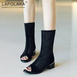 Lapolaka/Мода 2019, большие размеры 33-43, летние сапоги с открытым носком, с сеткой, на не сужающемся книзу массивном каблуке, женская обувь, летние
