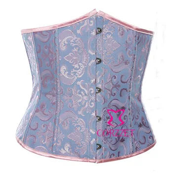 

Dropship NewFront Bust Ribbon Lacing Latex Waist Cincher Blue Jacquard Underbust Corsets And Bustiers Short Corselets For Women