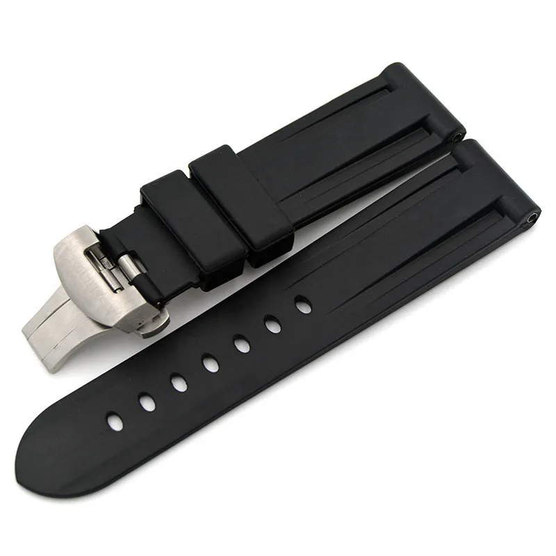 Butterfly Buckle Waterproof Rubber Silicone Strap 24mm Black Men's