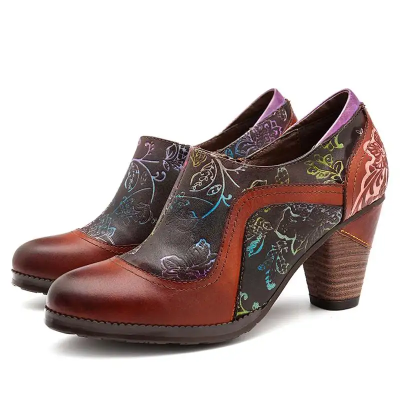 Socofy/туфли-лодочки из натуральной кожи в стиле ретро; женская обувь на молнии; винтажные туфли-лодочки на не сужающемся книзу массивном высоком каблуке с цветочным принтом; обувь для танцев в этническом стиле - Цвет: Коричневый
