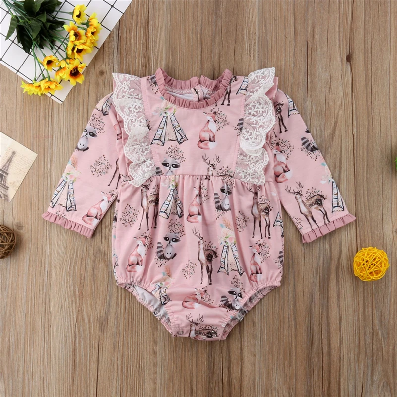 

Newborn Baby Girls Long Sleeve Bodysuit Jumpsuit Floral Clothes Outfits Raccoon Fox and Deer Cute Animal
