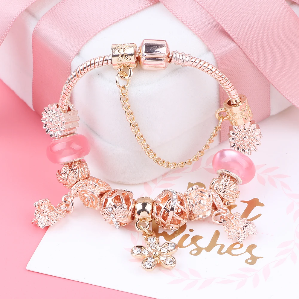 Dodocharms أصيلة الفضة زهرة كريستال خرز ذهبي سحر سوار للنساء مع سلسلة أمان غرامة سوار أفضل هدية