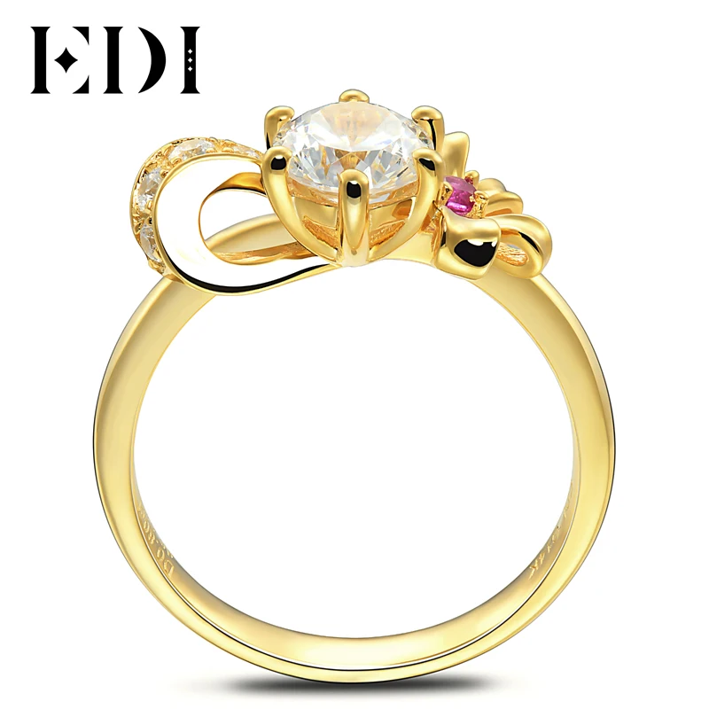 

EDI Elegant Bowknot 14k 585 Yellow Gold 0.8ct Moissanite Diamond Ring Round Cut Ruby Design Wedding Jewelry For Women