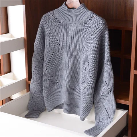 Чистая шерсть Твердые вязать для женщин Мода выдалбливают Oneck толстый пуловер свитер черный 4 вида цветов S-L Розничная и опт - Цвет: grey