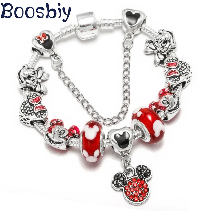 Boosbiy дизайн, Европейский Чарм-браслет с симпатичный с кристаллами Микки и Минни Маус бусины Брендовое платье браслет для Для женщин; Mujer