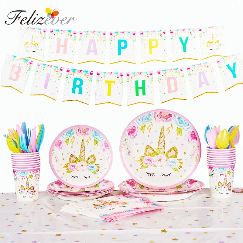 

Unicorn Party Disposable Tableware Set Kids Birthday Party Supplies Girl's First Birthday Party Table cloth cup garland Decor