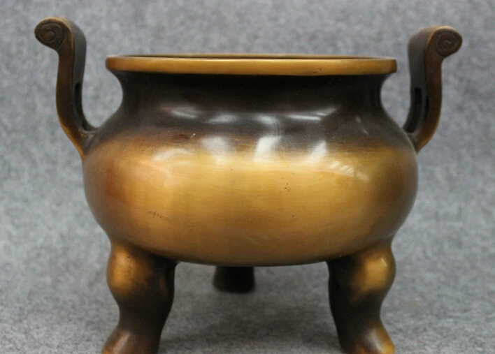 

S4547 11" Folk Chinese Bronze Buddhist Temple Statue 3 Foot Incense Burner Censer D0318