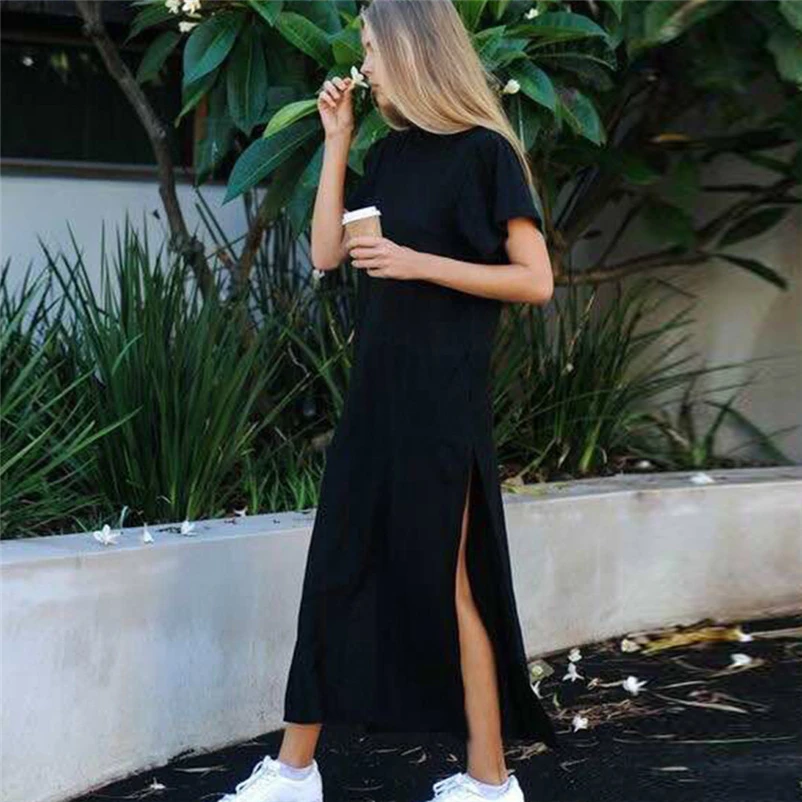 Casual Brief College Style Women Long Dress Sexy Side High Slit Black Short  Sleeves Dress Elegant Solid Black Robe feminine|Dresses| - AliExpress